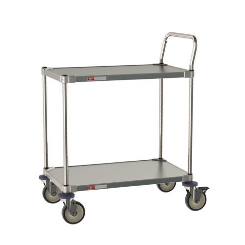 upzk5usjypyrdge48yhevh9j7zeg4hbq.jpg The Metro CRLS222NFS cart, measuring 18 W x 30 L x 39 H, boasts two stainless steel shelves, four swiveling casters, and a handlebar for easy maneuverability.