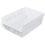 The Metro MB30150CLN Nesting Shelf Bin, in clear and measuring 11.6 x 8.37 x 4, is a rectangular storage solution with straight sides, a slightly raised back, grooved detailing, and an open top for easy access.