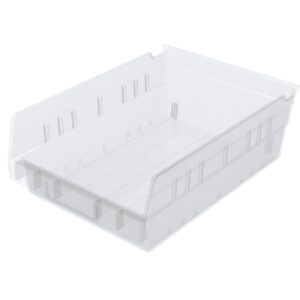 The Metro MB30150CLN Nesting Shelf Bin, in clear and measuring 11.6 x 8.37 x 4, is a rectangular storage solution with straight sides, a slightly raised back, grooved detailing, and an open top for easy access.