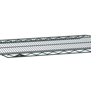 The Metro 2136Q-DSG qwikSLOT Wire Display Shelf, measuring 21 x 36, features a black wire mesh with crisscross patterns for support. Its rectangular shape and smoked glass finish add elegance, while the raised border maintains a modern look, offering stability from any angle.