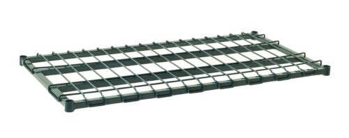 The Metro 1830DRK3 Super Erecta Heavy-Duty Dunnage Shelf features a grid pattern and rectangular frame. Its reinforced edges, square corners, and Metroseal Green Epoxy finish provide durability, ideal for storage or organization in any space. Dimensions: 18 x 30.