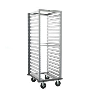 The Metro RF13NA33 roll-in refrigerator pan rack features a gray continuous bumper, 1.5 slide spacing, and measures 23.25 x 28 x 64.75. It has an open-sided design with four wheels for easy tray access and safe mobility.