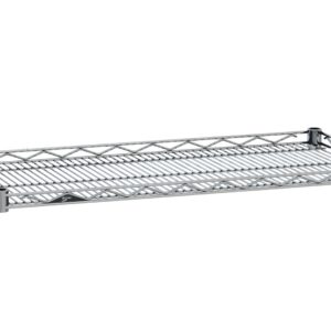 The Metro HDM2436NC Super Erecta Drop Mat Wire Display Shelf, Chrome, 24 x 36, is made of stainless steel with crisscross reinforcements for extra stability and features a chrome finish with evenly spaced metal bars to support items easily.