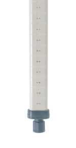 A gray MetroMax MX13P Industrial Shelving Post features a polymer body with precise measurement markings and a black adjustable base. A dark knob at the bottom adjusts its 13 height, all set against a plain white background.