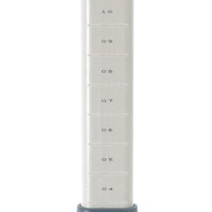 A gray MetroMax MX13P Industrial Shelving Post features a polymer body with precise measurement markings and a black adjustable base. A dark knob at the bottom adjusts its 13 height, all set against a plain white background.