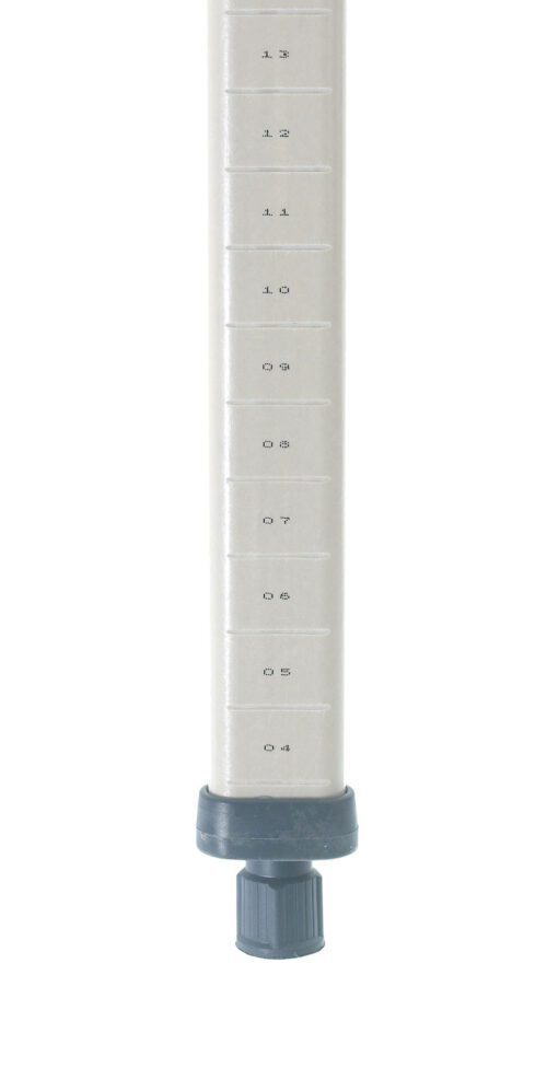 A gray MetroMax MX13P Industrial Shelving Post features a polymer body with precise measurement markings and a black adjustable base. A dark knob at the bottom adjusts its 13 height, all set against a plain white background.