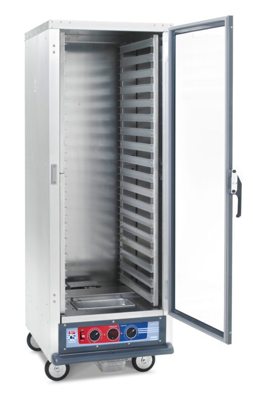 The Metro C519-PFC-LA C5 1 Series Proofing Cabinet is a tall, silver metal storage unit with a clear door, multiple shelves, 1440W power, and operates at 60Hz. Its full height on wheels with a bottom control panel featuring red and blue dials. The door is open to show the spacious interior.