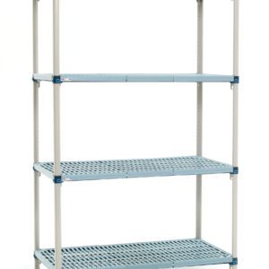The MetroMax Q MQ-217274G-S-4 is a durable industrial shelving unit with four adjustable plastic shelves. It measures 21 x 72 x 74, offering ample space while maintaining a blue and silver design. Note: Actual dimensions may vary from product shown.