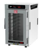 The Metro HBCN8-DC-CT HotBlox Narrow 8-Pan Cabinet has a clear door, digital touchscreen controller, operates on 120V with 875W, and includes a NEMA 5-15P plug. This commercial unit offers versatile usage with multiple interior shelves for stacking or countertop use.