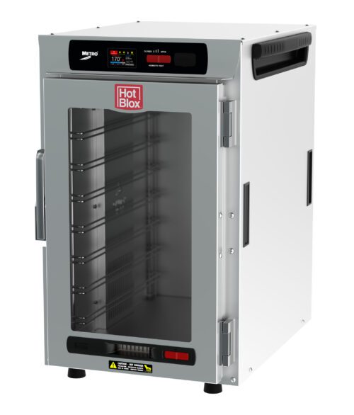 The Metro HBCN8-DC-CT HotBlox Narrow 8-Pan Cabinet has a clear door, digital touchscreen controller, operates on 120V with 875W, and includes a NEMA 5-15P plug. This commercial unit offers versatile usage with multiple interior shelves for stacking or countertop use.
