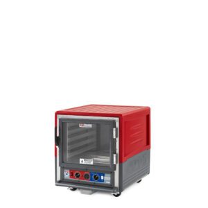 The Metro C533-CLFC-L C5 3 Series Cabinet, noted for efficiency, features a red finish with a full-length clear door. This square-shaped unit has lip load aluminum construction and operates at 120V, 60Hz, and 1440W.