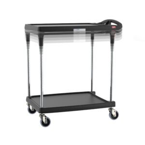 The Metro MY2030-24BL-PL myCart Plus Series 2-Shelf Height-Adjustable Utility Cart is black, 20 x 30, and two-tiered with a handle and four swivel wheels. Raised edges and metal supports on each shelf provide stability.