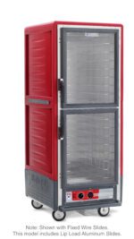 The Metro C539-HXDC-LA is a red, full-height insulated holding cabinet with Dutch clear doors, fixed wire and lip load aluminum slides, on wheels. It operates at 220-240V, 50/60Hz, and 1681-2000W power for efficient heating.