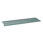 The 21 x 72 Metro Super Erecta Pro PR2172NK3 Industrial Wire Restaurant Shelf features a greenish tint, small perforations, and reinforced edges for sturdiness. Its displayed on a plain white background.