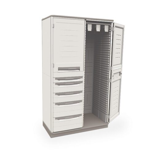 The Metro SXRD72SCATH2 Starsys Stationary Catheter Storage Cabinet in beige features a double-wide design, holding up to 180 catheters. It has one door open and one closed, offering optimal organization with ample shelves and drawers in a sleek layout.