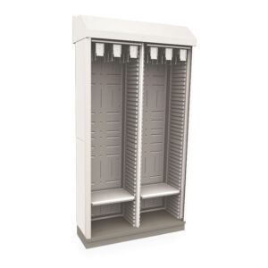 A light gray, tall, empty dual-compartment metal cabinet features an open front with mounting brackets and shelves. Its ribbed interior offers organized cable or equipment storage, inspired by the Metro SXRD80SCATHTD Starsys Tambour Door Stationary Catheter Storage Cabinet, Double Wide, Full Depth design.