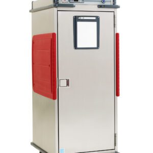 The Metro C5T9-DSF C5 T-Series Heated Transport Cabinet is a 120V, 1400W unit with a full-height solid door and fixed lip load slides. It is designed for durability in stainless steel and features red handles and bumpers for easy mobility with its four-wheel configuration.