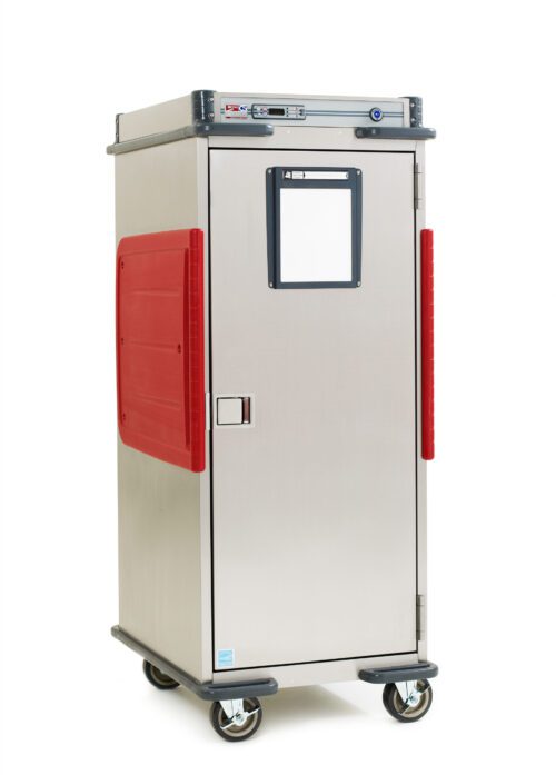 The Metro C5T9-DSF C5 T-Series Heated Transport Cabinet is a 120V, 1400W unit with a full-height solid door and fixed lip load slides. It is designed for durability in stainless steel and features red handles and bumpers for easy mobility with its four-wheel configuration.