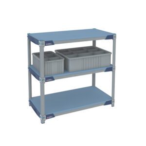 The Metro GWTX3-1 MetroMax i Glassware Tote Cart, measuring 18 x 36 and standing 40 tall, features three tiers with two grey bins on the middle shelf. Its light grey and blue design ensures a sturdy and functional appearance.