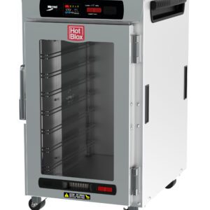 The Metro HBCN8-DC-UC HotBlox is a narrow 8-pan insulated undercounter holding cabinet with a clear door and digital touchscreen controller. It operates at 120V, 60Hz, using 875W, with a NEMA 5-15P plug.