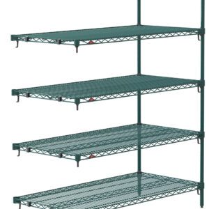 The Metro Super Adjustable Super Erecta 5AA527K3 is a 24 x 30 x 74 shelving add-on unit in Metroseal Green Epoxy, featuring five adjustable, sturdy wire shelves and vertical posts. Note: Actual dimensions may vary.
