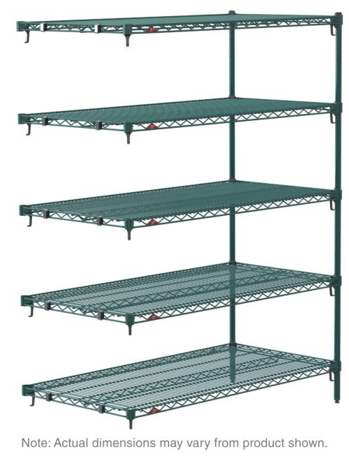 The Metro Super Adjustable Super Erecta 5AA527K3 is a 24 x 30 x 74 shelving add-on unit in Metroseal Green Epoxy, featuring five adjustable, sturdy wire shelves and vertical posts. Note: Actual dimensions may vary.