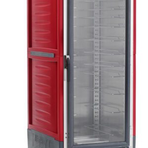 The Metro C539-MFC-U C5 3 Series cabinet, in red, features a clear door, Universal Wire Slides, adjustable shelves, and control knobs. It’s mobile with wheels and operates on 120V for efficient heating or proofing.