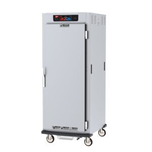 The Metro C599X-SFS-UPFSA C5 9 Series cabinet has a silver finish, digital display, and full-length solid door. It features a sturdy handle, ventilation slits, and caster wheels. The cabinet operates at 220-240V for optimal heated holding and proofing performance.