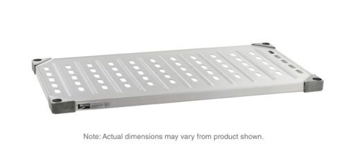 Displayed is a flat, louvered/embossed galvanized steel shelf with slotted holes and gray corner caps. It includes a label: Metro 1448LG Super Erecta Solid Shelf, 14 x 48. Note: Actual dimensions may vary from product shown.