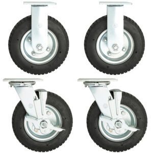 The Metro MBQ-8AIR 8 Semi-Pneumatic Caster Upgrade for MBQ Banquet Cabinets is displayed on a white background, featuring top fixed mounts and bottom swivel mounts. Made of metal with sturdy black rubber tires, these casters are ideal for banquet cabinets.