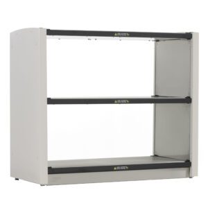 The white modular shelving unit, similar to the Metro2Go GG2C-HS1842 Grab and Go 2-Shelf Hot Station, features three black horizontal shelves with open sides. Caution labels on the front ensure safety. Its sturdy, practical, and ideal for storage and display.
