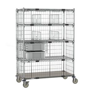 The Metro ECN55CD Super Adjustable Super Erecta Deluxe Par Level Cart features a 24 x 48 galvanized steel bottom shelf, four shelves with bins, and wheels for easy mobility, ensuring robust and versatile storage.