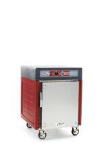 The Metro C545X-ASFS-UA C5 4 Series Insulated Holding Cabinet, with its red and gray finish, features a stainless steel door, control panel, universal wire slides, and four wheels for flexibility. Operating efficiently at 220-240V and 50/60Hz (1176-1400W), it stands out with sleek functionality on a white background.