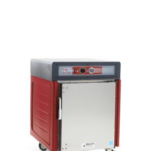 The Metro C545X-ASFS-UA C5 4 Series Insulated Holding Cabinet, with its red and gray finish, features a stainless steel door, control panel, universal wire slides, and four wheels for flexibility. Operating efficiently at 220-240V and 50/60Hz (1176-1400W), it stands out with sleek functionality on a white background.