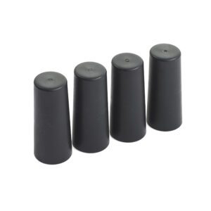 Four black cylindrical rubber stoppers from the Metro 3FHS-4PK, each measuring 3 inches, stand vertically on a white background. Theyre ideal for Super Erecta style shelves.