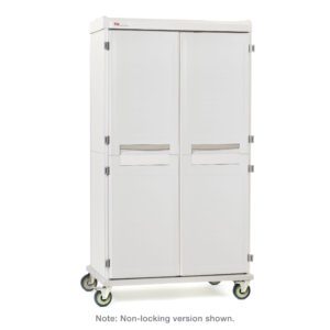 The Metro SXRD76MXD6 Starsys XD Extra Deep Mobile Supply Cabinet is a tall, white, double-door unit on wheels with sturdy handles and solid code-locking doors, designed for organization and mobility in various settings.