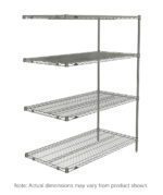 The Metro AN426BR Super Erecta 4-Shelf Industrial Wire Shelving Add-On Unit, Brite, 21 x 30 x 63, boasts Brite-finished metal wire with four adjustable shelves supported by sturdy vertical rods.