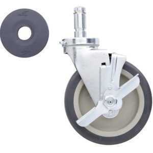 A Metro 6MPB 6 Polyurethane Swivel/Brake Caster for Super Erecta Shelving Racks is showcased, featuring a black tire and locking mechanism, next to a round black component labeled Metro.