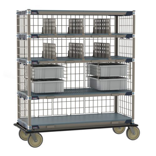 The Metro ECT56DX3 MetroMax i Deluxe Cart, 24 x 60, is a robust storage solution featuring four shelves with wire baskets and gray plastic bins on the bottom layers, all on wheels for easy transport.