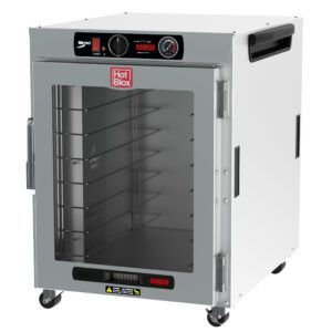 The Metro HBCW8-AC-UC HotBlox Wide 8-Pan Insulated Undercounter Holding Cabinet includes a clear door, 875W power, an analog controller, and a NEMA 5-15P plug. Its stainless steel design and mobility make it ideal for commercial kitchens.