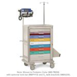 The Metro MBP8100PEDS Basix Plus Pediatric Crash Cart has 7 colorful drawers: pink, purple, yellow, blue, white, another blue, and green. It includes an IV pole and top machine with a note below detailing its key features.