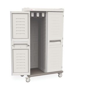The Metro SXRD76MCATH1 Starsys Mobile Catheter Storage Cabinet, featuring a 360 catheter capacity and double-wide ventilated doors, is a sleek gray unit on wheels. It boasts easy mobility with one door open to reveal interior compartments and a handle on the closed door.