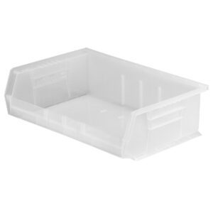 The Metro MB30255CLSH is a clear plastic stacking/hanging supply bin with dimensions of 10.8 x 16.5 x 5, featuring slightly tapered sides, a small front lip for versatility, and translucent material for seamless light passage.