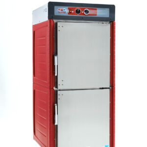 The Metro C549-ASDS-U C5 4 Series Insulated Holding Cabinet, full height with Dutch solid doors and universal wire slides, 120V, 60Hz, and 1400W output, has a functional design perfect for kitchens or catering. Its red and silver with top-panel control dials and sits on wheels.