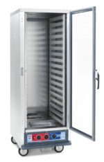 The Metro C519-PFC-L C5 1 Series Full Height Proofing Cabinet has Lip Load Aluminum Slides and an open glass door with multiple tray shelves. This mobile unit is on wheels, powered by 1440W at 120V, 60Hz, with intuitive bottom front control dials for precise temperature settings.