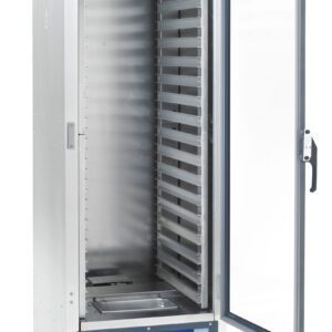 The Metro C519-PFC-L C5 1 Series Full Height Proofing Cabinet has Lip Load Aluminum Slides and an open glass door with multiple tray shelves. This mobile unit is on wheels, powered by 1440W at 120V, 60Hz, with intuitive bottom front control dials for precise temperature settings.