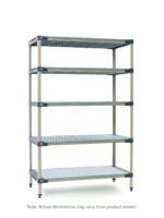 Shown on a white background, the MetroMax 4 5X557H4 Shelving Unit features a grid pattern on its adjustable shelves and includes a solid bottom shelf. Its dimensions are 24 x 48 x 74, but actual sizes may vary.