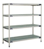 The MetroMax i X566GX3 4-Shelf Plastic Industrial Shelving Starter Unit measures 24 x 60 x 63 and includes sturdy vertical posts, four vented gray perforated shelves, and adjustable feet for ideal storage and organization.