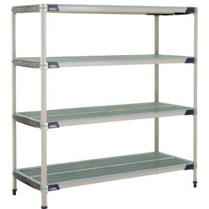 The MetroMax i X566GX3 4-Shelf Plastic Industrial Shelving Starter Unit measures 24 x 60 x 63 and includes sturdy vertical posts, four vented gray perforated shelves, and adjustable feet for ideal storage and organization.