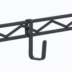The Metro HK25B Super Erecta Large Snap-On Hook, Black hangs from a wire shelf with a zigzag pattern. Its sleek design adds contrast to the plain white background, highlighting both the hook and the shelfs structure for convenient hanging.